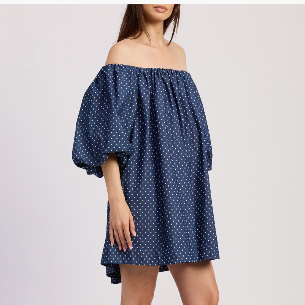 En Saison Dover Off Shoulder Balloon Sleeve Mini Dress Blue Polka Dot L